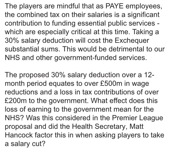 henrywinter's tweet photo. Negotiations look increasingly tricky judging by this from Premier League players, via PFA. Matt Hancock’s naive comments have not helped players’ mood. https://t.co/VcqrVuFfHq