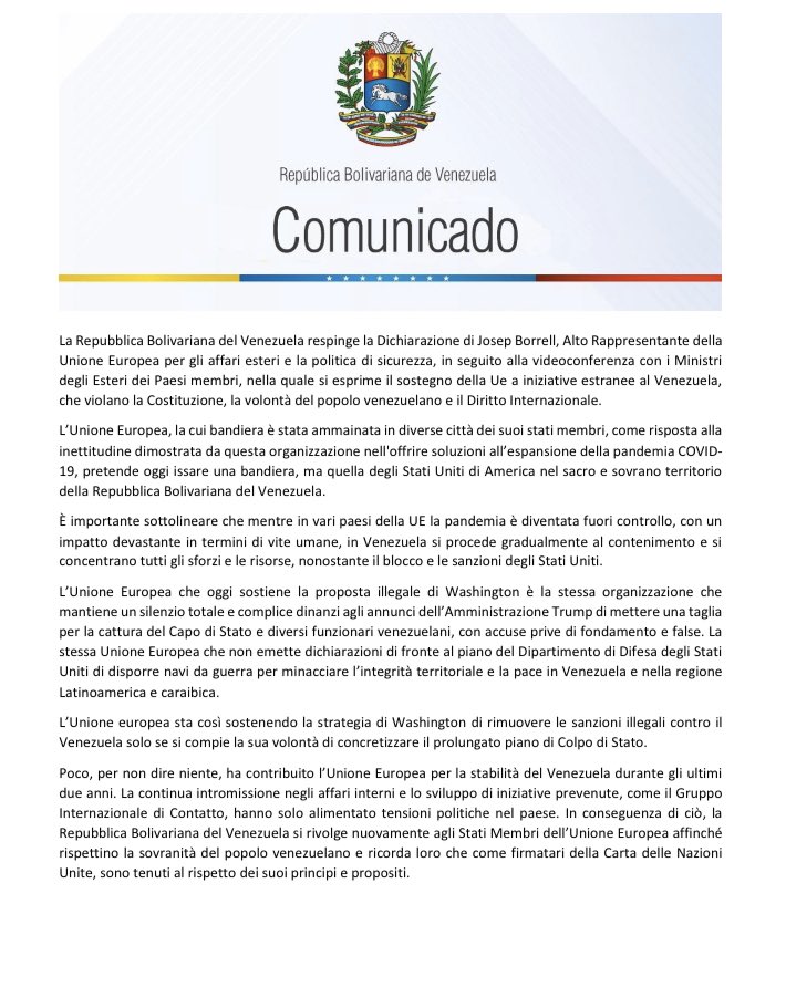 #Venezuela respinge la Dichiarazione di Josep Borrel, Alto Rappresentante della #UE nella quale si esprime il sostegno a iniziative estranee al Venezuela, che violano la Costituzione, la volontà del popolo venezuelano e il Diritto  Internazionale <a href="/ItalyMFA/">Farnesina 🇮🇹</a> <a href="/repubblica/">Repubblica</a> <a href="/Corriere/">Corriere della Sera</a>
