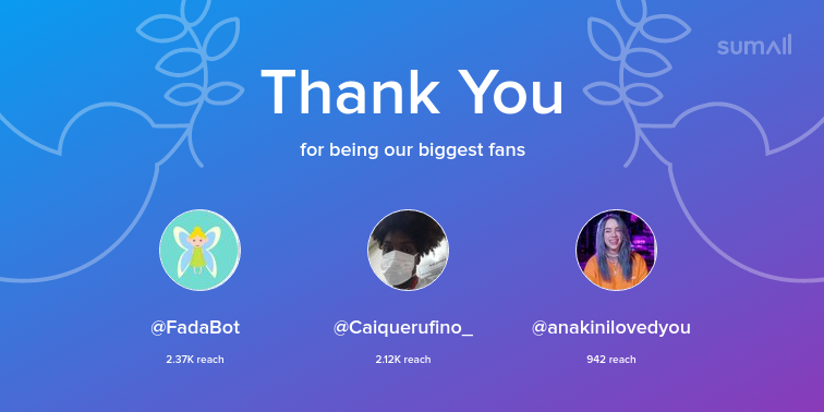 Our biggest fans this week: FadaBot, Caiquerufino_, anakinilovedyou. Thank you! via sumall.com/thankyou?utm_s…