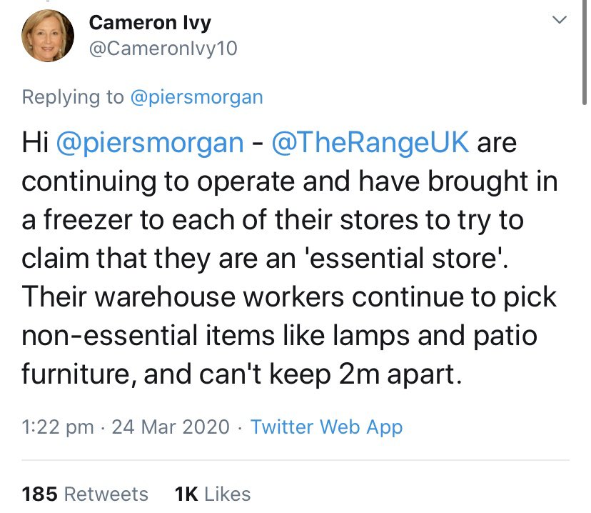 Credit to  @WiressEU for this one.  @TheRangeUK rushing in freezers so that they can be classed as essential. Check out the comments to the thread. Stores that don’t already have freezers have been rushing to get one in order to stay open.