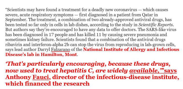 Fauci, now so sour on hydroxychloroquine (+/- azithro) for covid19, despite its clinical promise, gushed in 4/2013 when a coronavirus [MERS] antiviral combo [ribavirin /interferon-alpha)] tested “only in cells in lab dishes” prevented viral replication! usatoday.com/story/news/nat…