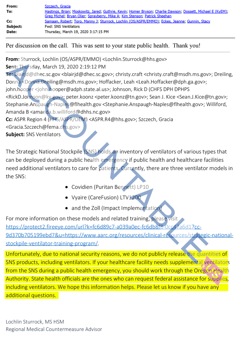 . @fema would not disclose the number of ventilators it had: "due to national security reasons, we do not publicly release the quantities of SNS products, including ventilators."It then told  @GeorgiaEMA to contact Oregon if it needed more ventilators. Reason unknown.