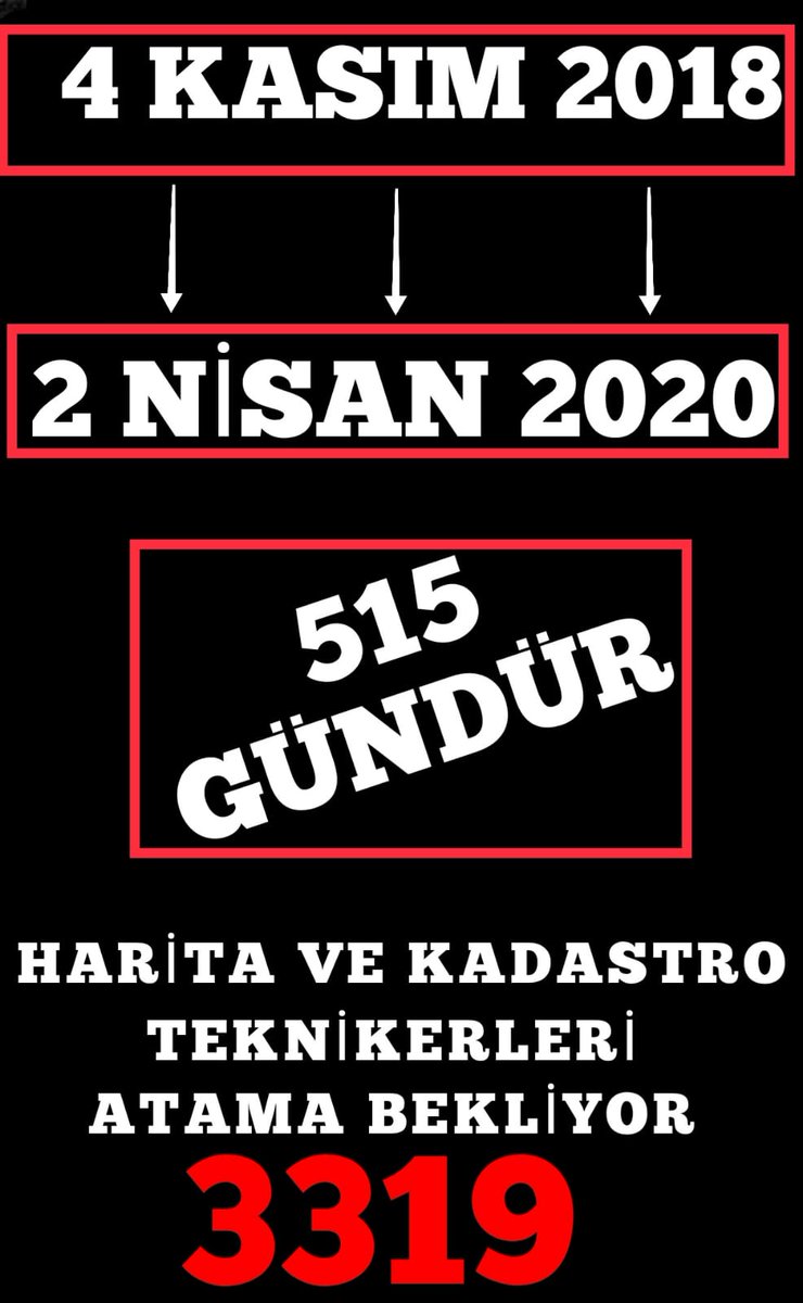 #artıkharitayakadrohak
@HMBakanlig  <a href="/Kadastrodb/">Kadastro Dairesi Başkanlığı</a> <a href="/haritadairesi/">Harita Dairesi Başkanlığı</a> <a href="/destek_tkgm/">DESTEK HİZMETLERİ</a>  @KY_09_06 <a href="/cbsbb/">T.C. Cumhurbaşkanlığı Strateji ve Bütçe Başkanlığı</a> <a href="/tkgmpersonel/">Tapu ve Kadastro</a> <a href="/murat_kurum/">Murat KURUM</a> <a href="/MevltAYDIN06/">Mevlüt AYDIN</a> <a href="/A_Uraloglu/">Abdulkadir URALOĞLU</a> <a href="/yusufbuyuk_/">Yusuf Büyük</a> <a href="/ilbanktr/">İlbank</a>
3319 harita ve kadastroya 2 yıla yakın süredir sadece 14 kadro verildi. Ayrıcalık değil adil alım istiyoruz.