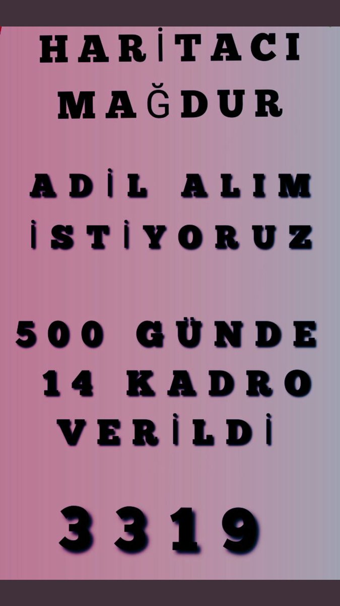 #artıkharitayakadrohak
@HMBakanlig  <a href="/Kadastrodb/">Kadastro Dairesi Başkanlığı</a> <a href="/haritadairesi/">Harita Dairesi Başkanlığı</a> <a href="/destek_tkgm/">DESTEK HİZMETLERİ</a>  @KY_09_06 <a href="/cbsbb/">T.C. Cumhurbaşkanlığı Strateji ve Bütçe Başkanlığı</a> <a href="/tkgmpersonel/">Tapu ve Kadastro</a> <a href="/murat_kurum/">Murat KURUM</a> <a href="/MevltAYDIN06/">Mevlüt AYDIN</a> <a href="/A_Uraloglu/">Abdulkadir URALOĞLU</a> <a href="/yusufbuyuk_/">Yusuf Büyük</a> <a href="/ilbanktr/">İlbank</a>
3319 harita ve kadastroya 2 yıla yakın süredir sadece 14 kadro verildi. Ayrıcalık değil adil alım istiyoruz.