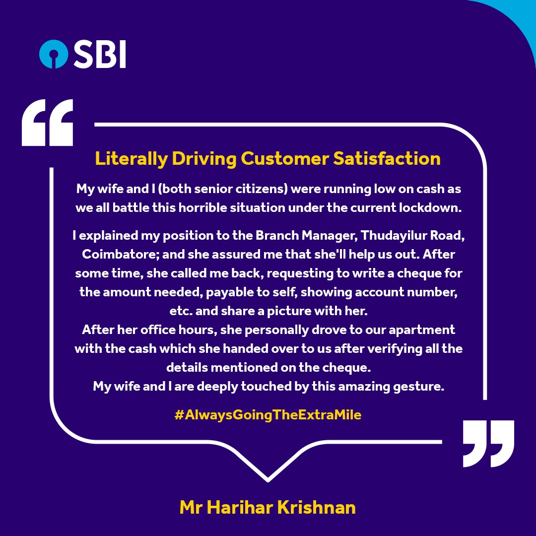 TheOfficialSBI's tweet image. Thank you Mr. Harihar Krishnan for sharing your experience with us. During these tough times, we are doing our best to ensure that our customers do not face any inconvenience.