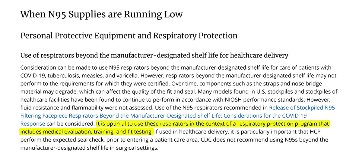 To make matters worse,  @fema also sent states a  @HHSGov email linking to  @CDCGov guidance for how to reuse expired respirator masks, how to reuse respirators past their shelf life, and told hospitals to use "makeshift" masks in case of shortages.