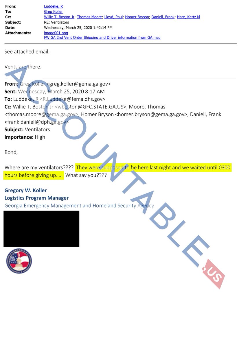 When Georgia was finally able to get ventilators, they arrived a day late without explanation from  @FEMA (who also kept getting the delivery address for supplies wrong.)Officials wrote to  @FEMA in frustration, "we waited until 0300 hours before giving up..."