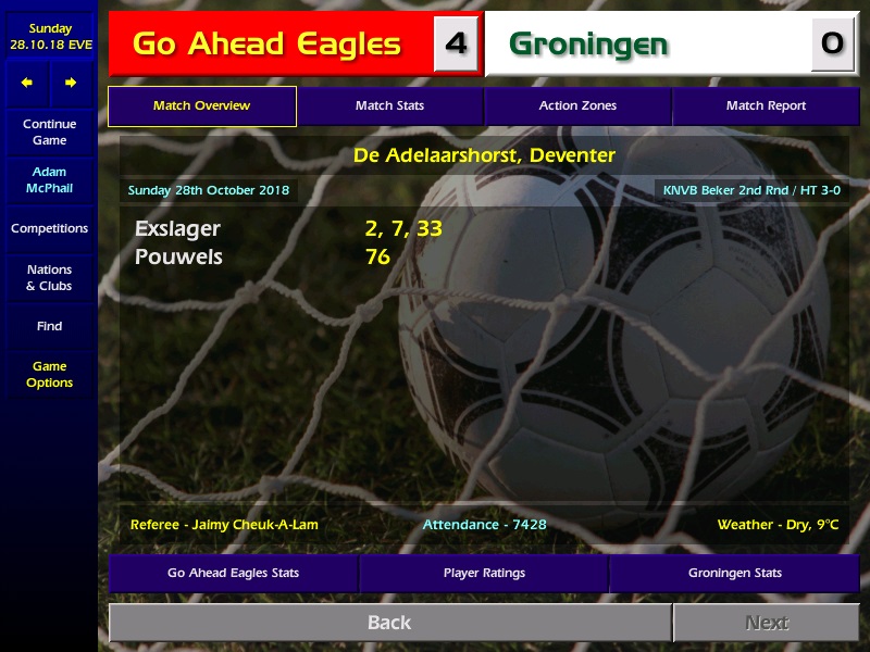 ...Go Ahead Eagles produce a stunning team performance to blow away Groningen 4-0 in their KNVB Beker 2nd round tie. An explosive 1st half hat trick from summer signing Maurice Exslager and late strike from starlet Maarten Pouwells ensuring the home sides progress.  #CM0102