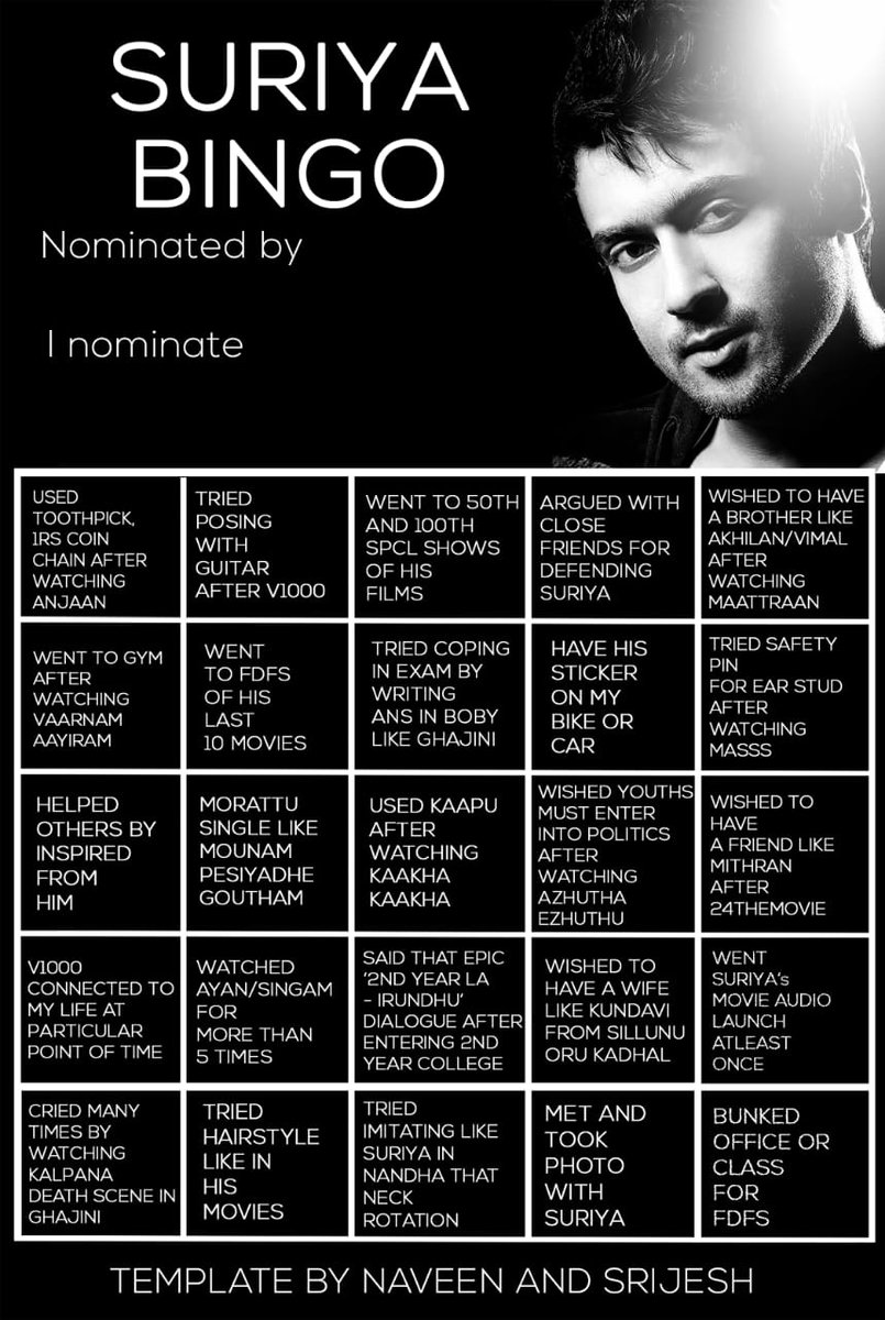madurai_sfc's tweet photo. • #SuriyaBingo - " A Instagram Story Template "

Dot / Paint The Particular Boxes If You Have Done Those Things For Our Chief @Suriya_offl ❤️

Post In Your Instagram Story &amp; Nominate Your Friends Who Is Also A Suriya Fan 🙌

#SooraraiPottru #Aruvaa @rajsekarpandian https://t.co/hb5lyuG9TT