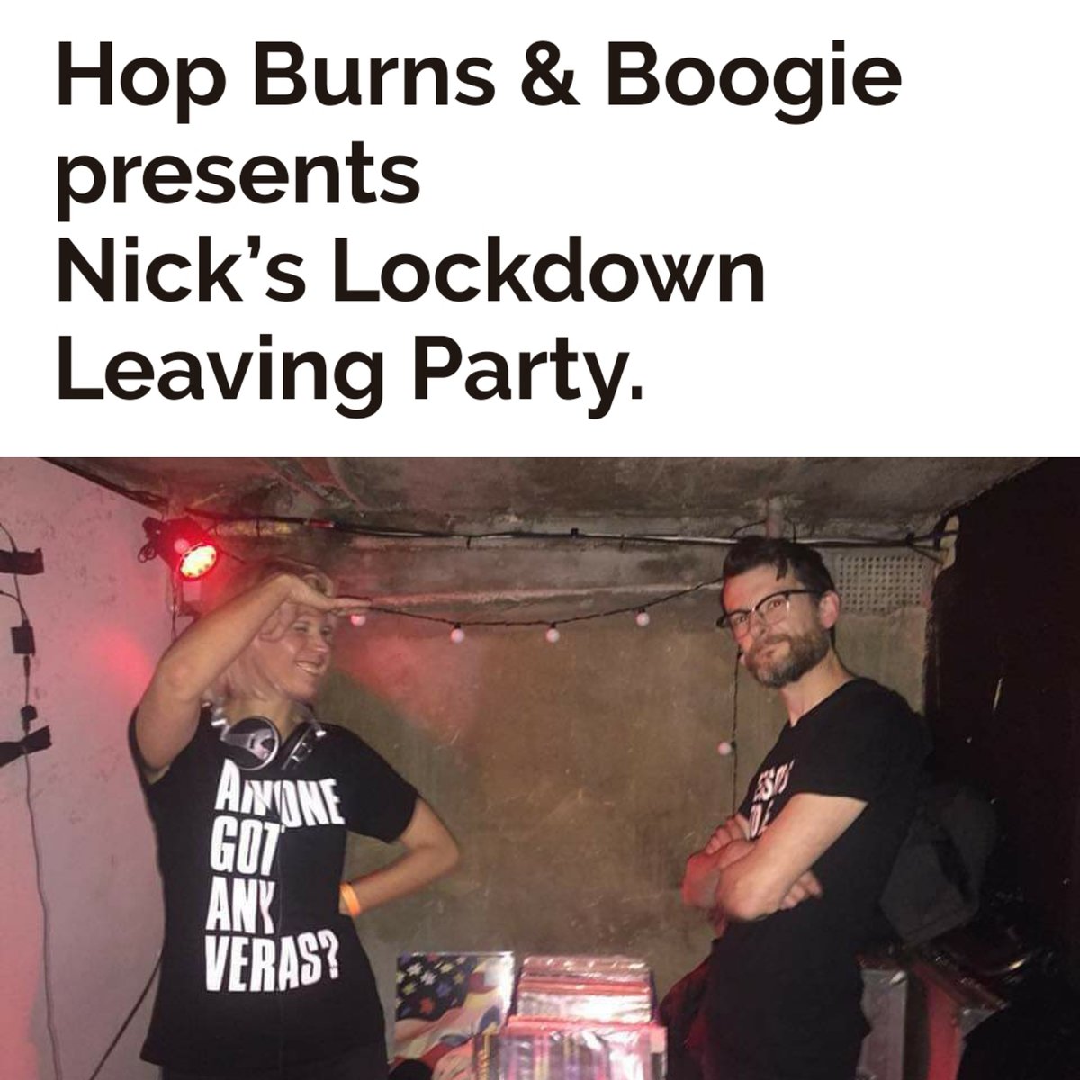 Tonight those absolute babes from @hopburnsblack are live streaming the DJ set they would've played in the pub tonight. Go to bit.ly/nicksllp from 8pm to dance along with us. We'll be blasting it out through the pub speakers to upset the neighbours just one last time...