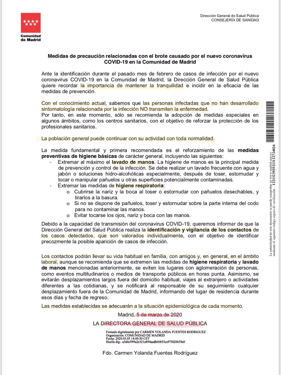 Qué decía la Comunidad de Madrid sobre el Coronavirus el 5 de marzo (Comunicado oficial)