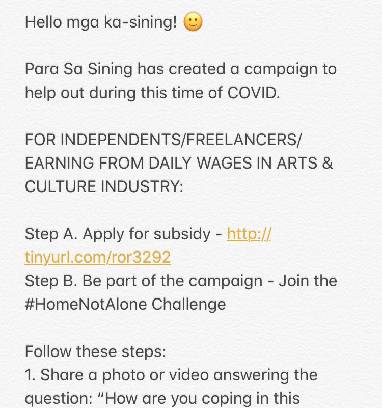 Hello everyone! Art Rally MNL is helping Para Sa Sining with their campaign! Please check below:—————Para Sa Sining has created a campaign to help out during this time of COVID. FOR INDEPENDENTS/FREELANCERS/EARNING FROM DAILY WAGES IN ARTS & CULTURE INDUSTRY: