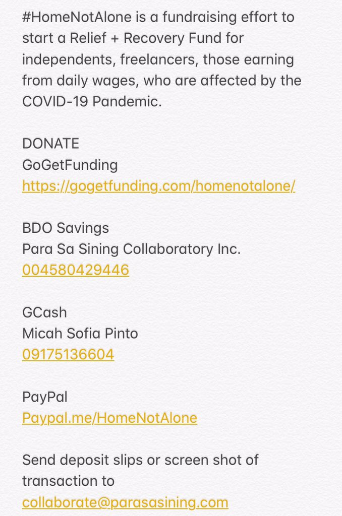 Hello everyone! Art Rally MNL is helping Para Sa Sining with their campaign! Please check below:—————Para Sa Sining has created a campaign to help out during this time of COVID. FOR INDEPENDENTS/FREELANCERS/EARNING FROM DAILY WAGES IN ARTS & CULTURE INDUSTRY: