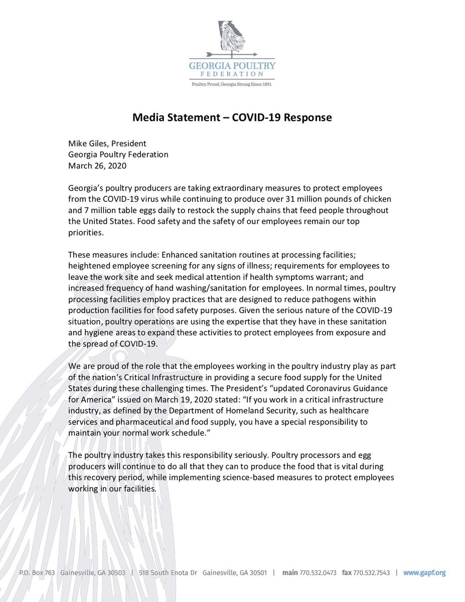 Take a moment to read this press release from The Georgia Poultry Federation on what they are doing to protect their employees and production process amidst the COVID-19 crisis.