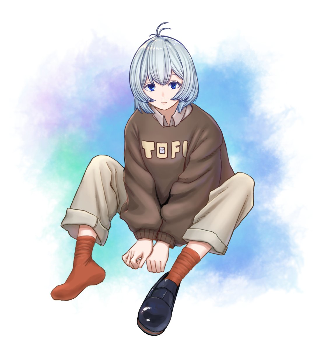 1girl solo red socks blue eyes shoes socks sitting  illustration images