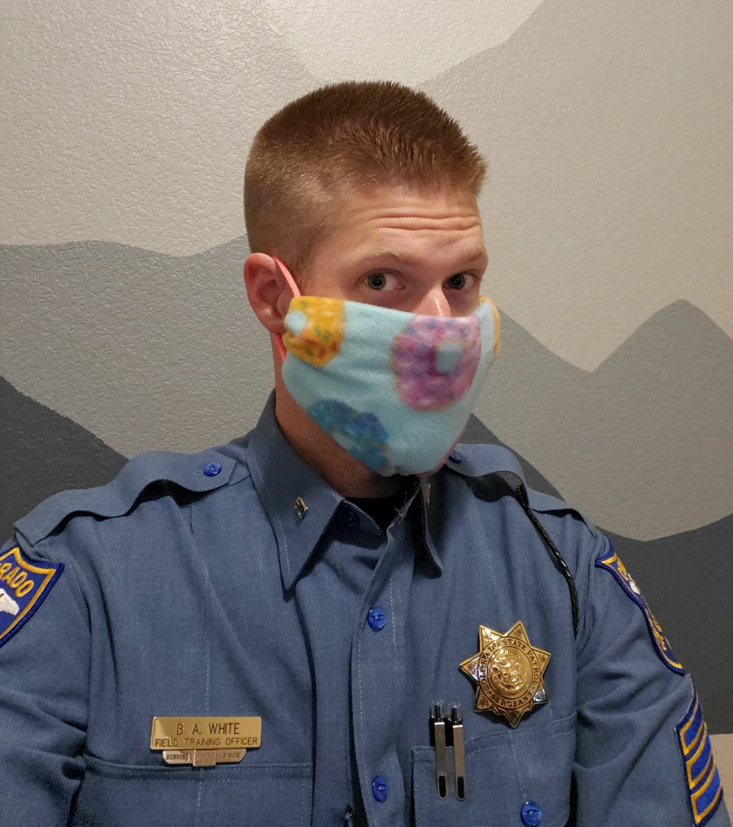 Following <a href="/GovofCO/">Governor Jared Polis</a>'s recommendation, State Troopers will begin wearing masks while continuing to serve the public. We wear a mask to protect you and you wear a mask to protect us. This one is even donut scented to keep us energized! 🤤🍩🤤

😷#coloradomaskproject😷
#DoingMyPartCO