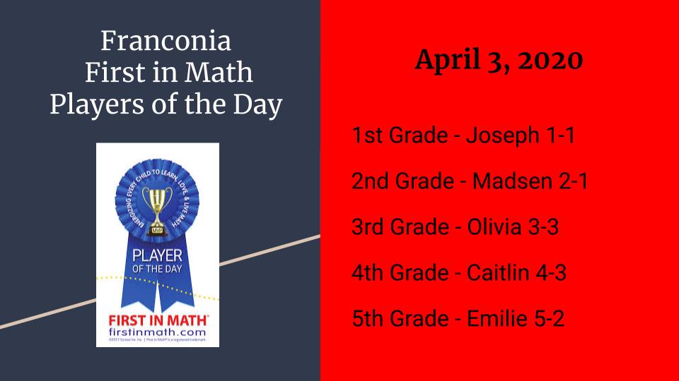 Congratulations to the Franconia <a href="/FirstInMath/">First In Math</a> Players of the Day!!  <a href="/RobertSun24/">Robert Sun</a> <a href="/SASD_Franconia/">Franconia Elementary</a>