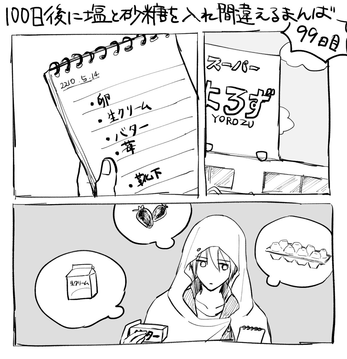 「100日後に塩と砂糖を入れ間違えるまんば」
の98日目～100日目だけ描きました(怠惰) 