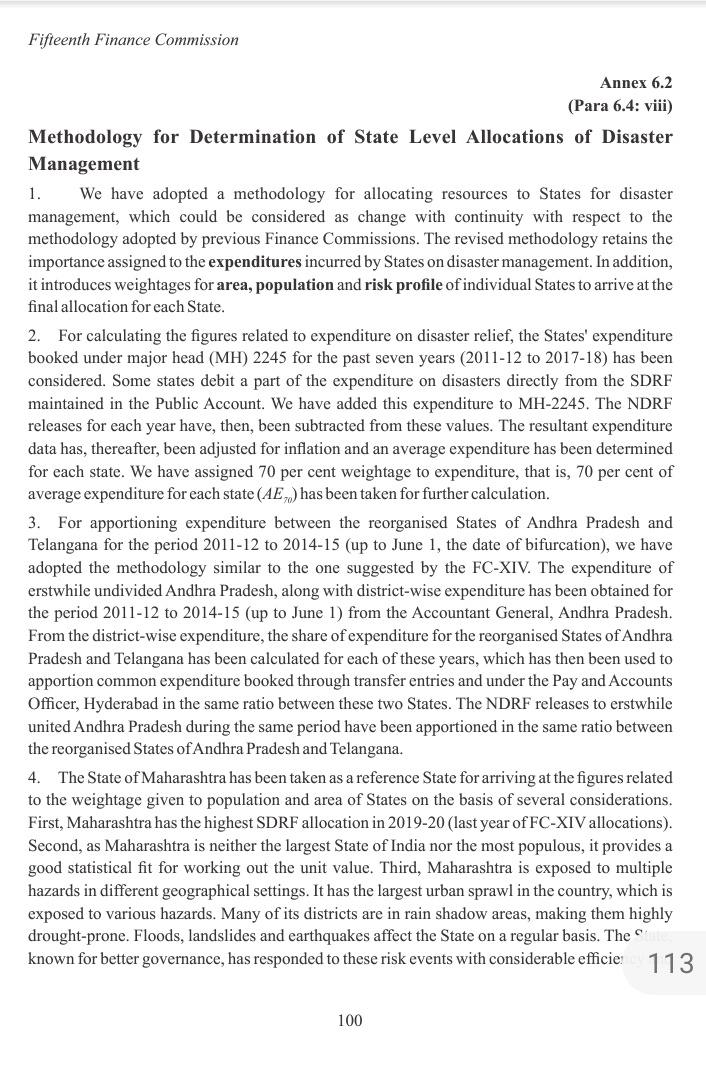 The Finance Commission derives the equation to find the respective State government shares by considering the state's area, population and a disaster risk index 