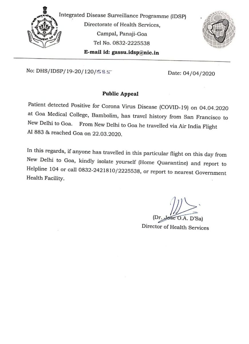 thegoanonline's tweet photo. DHS discloses travel history of #Covid19 patient 6 & 7, asks people to self-report immediately.
#CoronaInGoa
#Goa https://t.co/WpFqZfk29X