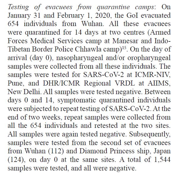 It happened here, when they brought people from WuhanThis is a paper published by ICMR scientists in Indian Journal of Medical Research 654 Individuals1544 samplesAll NEGATIVE890!Then how 212 people who are now certified as CURED got certification? @ICMRDELHI pls tell