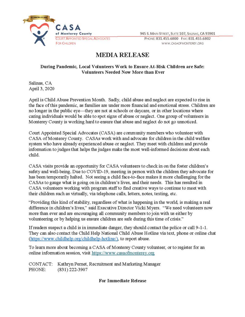 CASA volunteers continue to serve foster children during this pandemic.  Please see media release.
