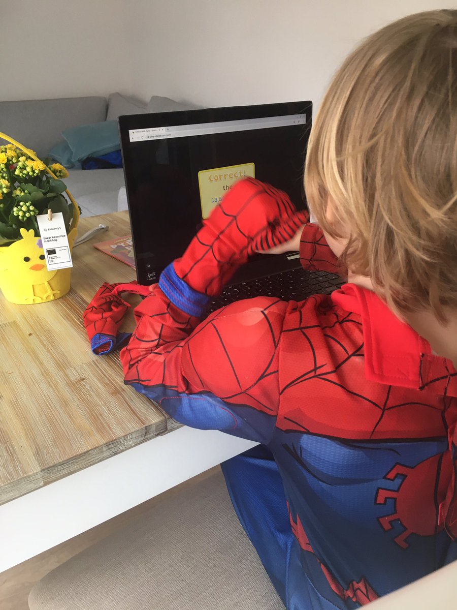 GemmaPearson6's tweet photo. Maxi embracing homeschool working yesterday with a little help from Spider-Man  PE then spellshed  @thebodycoach  @JCAWakefield https://t.co/cXJODVPlya