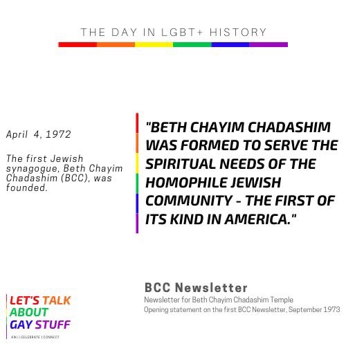 talkgaystuff's tweet photo. This day in #LGBTQ #history, four members of the Jewish community came together to form Beth Chayim Chadashim, the first Jewish synagogue for the LGBTQ community, in 1972.
 
#podcast #letstalkaboutgaystuff #lgbtqhistory #bethchayimchadashim #houseofnewlife #lgbtjews #jewish #apr4 https://t.co/lOLDz6g9sU