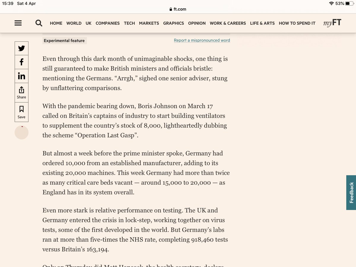 *cuts*.Hospital and public health labs have been “amalgamated and “rationalised” thus reducing capacity massively of our “diagnostic industry” ...and it takes time to expand it.But even that doesn’t explain the shameful delay in ordering ventilators.