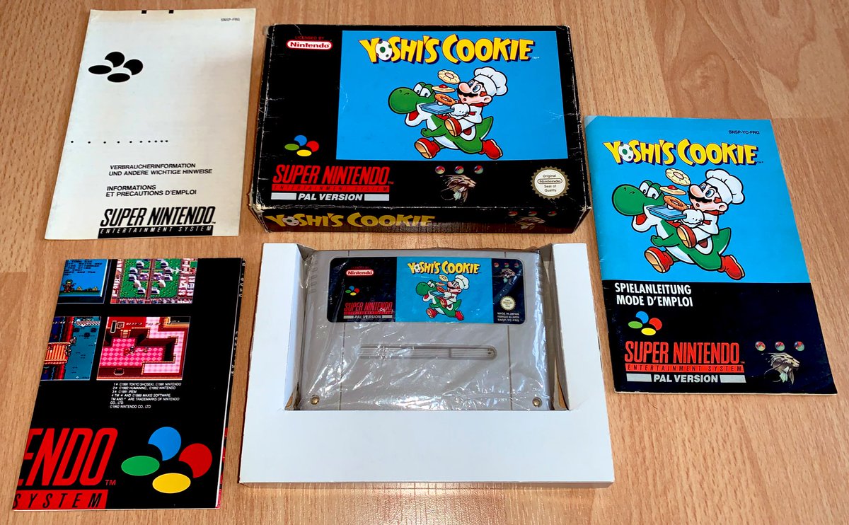 Yoshi's Cookie (SNES, 1993)  Ce jeu, très commun au Japon et bien plus connu en France sur NES et Game Boy (cf. la 4è photo), l’est beaucoup moins en Europe.Voici sa version la plus rare avec notice en allemand ET français (seule PAL à avoir du français, très Google trad) :