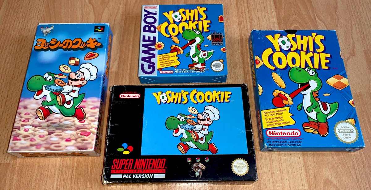 Yoshi's Cookie (SNES, 1993)  Ce jeu, très commun au Japon et bien plus connu en France sur NES et Game Boy (cf. la 4è photo), l’est beaucoup moins en Europe.Voici sa version la plus rare avec notice en allemand ET français (seule PAL à avoir du français, très Google trad) :