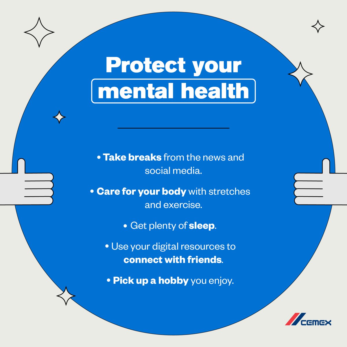 As we navigate these heavy times, it is important to acknowledge and care for our mental health. There are simple steps you can follow to alleviate stress and anxiety, such as these recommended by the @who. #BuildingCommunity