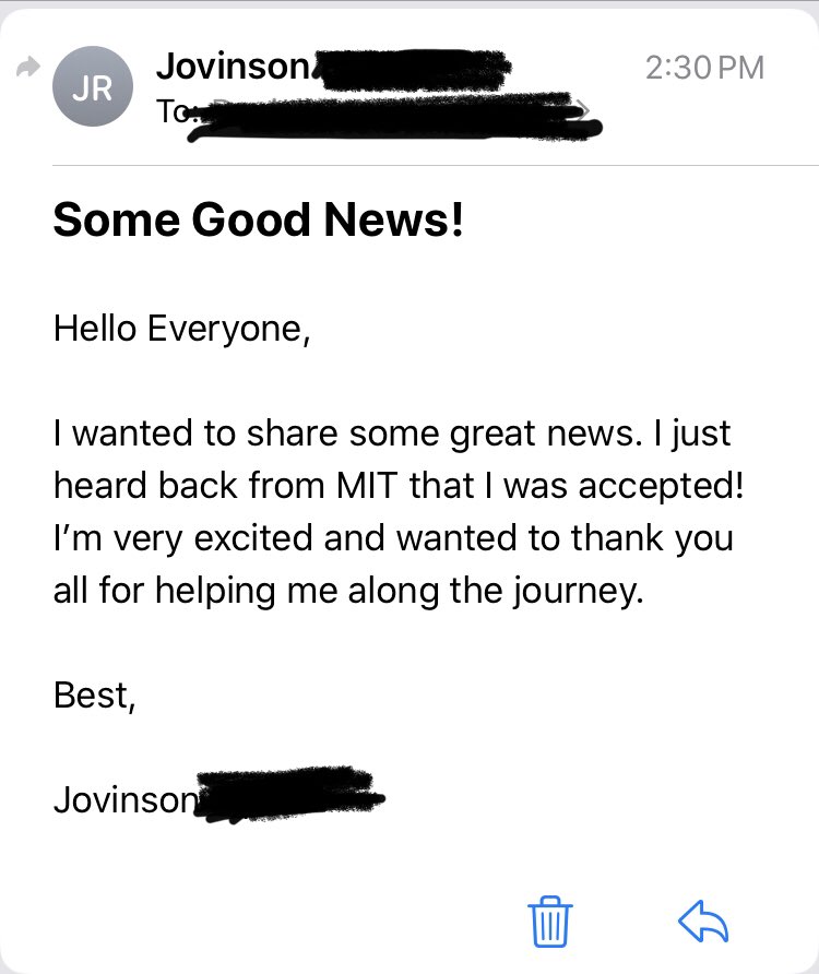 Boston_Prep's tweet photo. That moment when an alum reaches back to share the excitement that theyโve been accepted to @MITSloan!! ๐ฅณ๐๐
#ThePersistenceProject #EffortDeterminesSuccess #EdThatAddsUp #MBABound #ProudTeachers https://t.co/ytdNu3FqAH