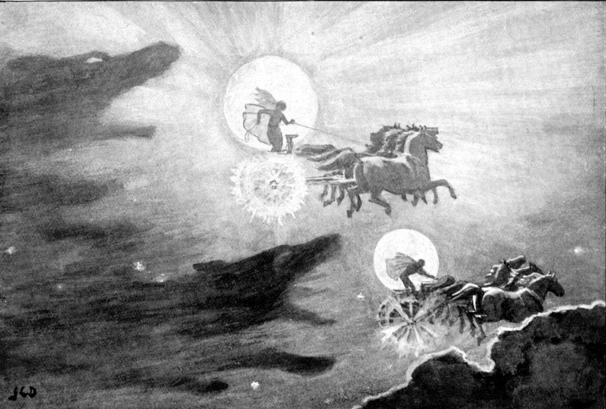 Wolves very important to Ireland's Viking invaders! eg Early Norse myth of world's creation, fall & renewal, where the end of the world is signified by 2 wolves attacking the sun (Sol) & moon (Mani)! 2 wolves are Skoll & Hati. This happens at Ragnarok.JC Dollman (1909) 