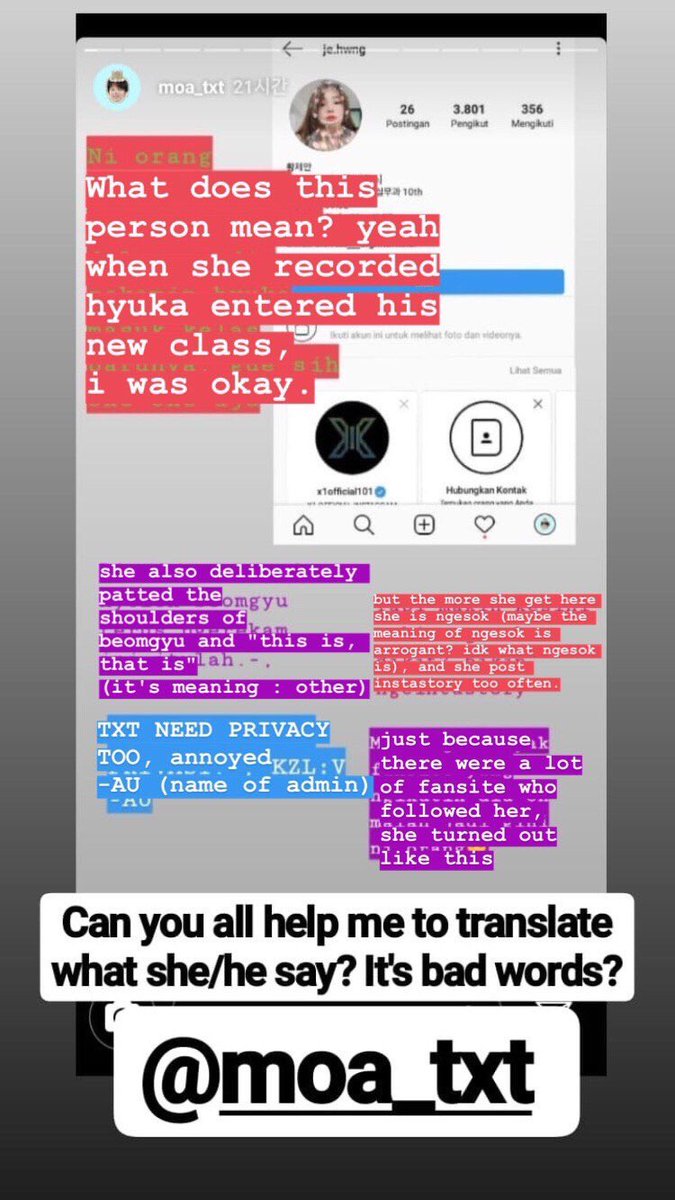 Then, that time she got a bully by moa bcs she didn't respect hyuka and beomgyu privacy. But there are some people that support her . This is one of the fanbase moa Indonesia. She post something like in pic 1 . It's from instastory Jean but she doesn't understand -