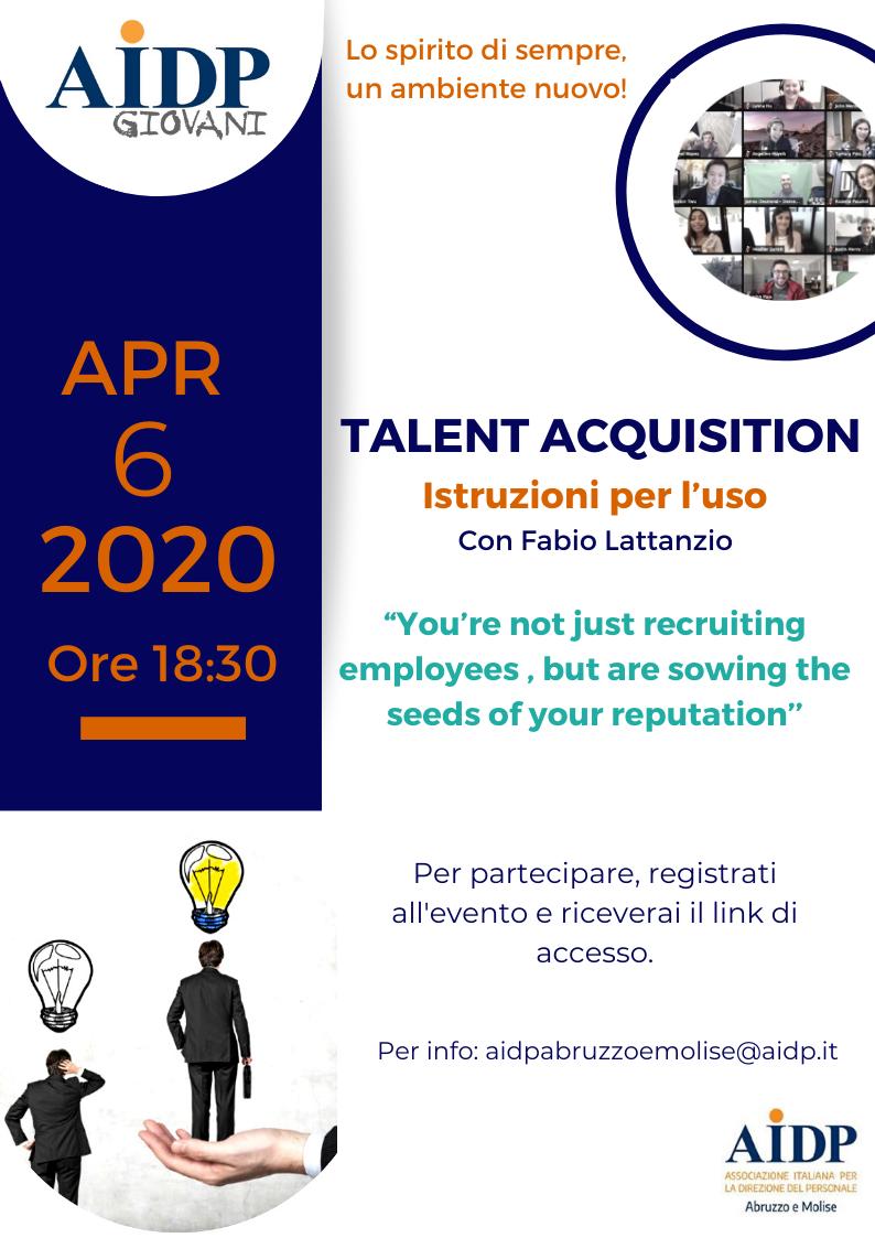 Appuntamento a lunedì 6 Aprile ore 18.30 per parlare di Talent Acquisition insieme a Fabio Lattanzio e il nostro gruppo Giovani!  per partecipare: 
aidp.it/registrazioni/… Riceverete link per accedere al meeting entro lunedì mattina.