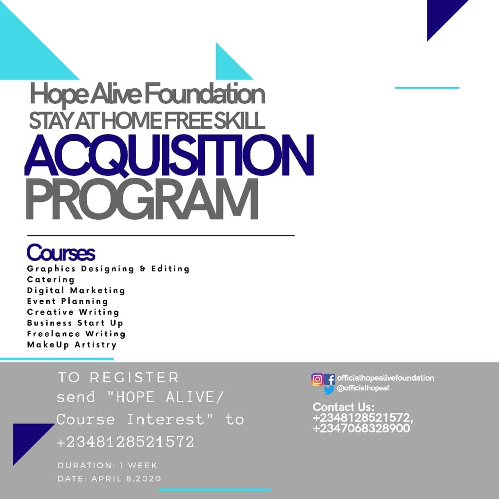 Dreadsmedia's tweet photo. Get Knowledge 
Grab Opportunities!! 
@officialhopeaf 
During this isolation acquire new skills, update your skills 
As you feed your stomach daily never forget to feed your brain too. 

+2348128521572

#skillacquisition #empower #giveaway #staysafe #knowledge #Hopealivefoundation https://t.co/fn1Ob7KQxo