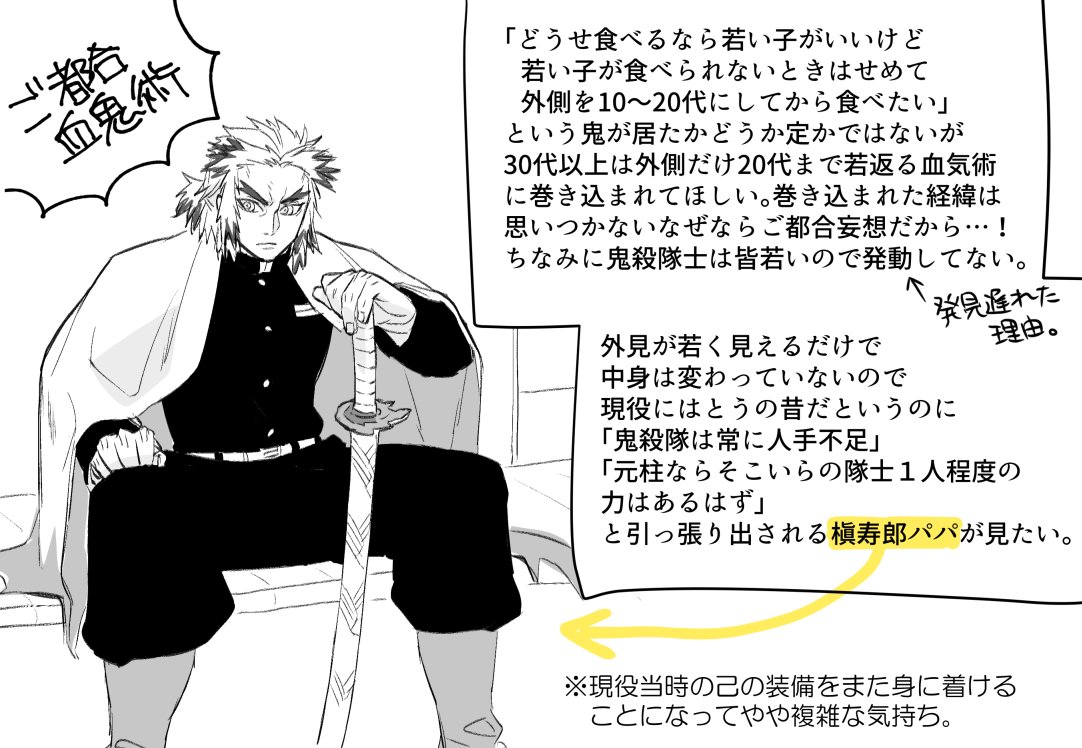 ご都合血気術で外側だけ20代半ば～後半くらいまで若返った槇寿郎さんに炭治郎と合同任務に就いて息切れ起こしてほしい妄想。
番外編でもいいのでいつか瑠火さんや幼い息子たちを前にニコニコしてる槇寿郎パパの姿が見たいです神様ーーッ! 