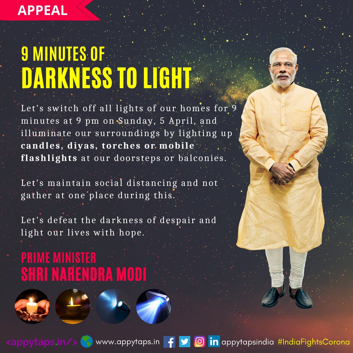 appytapsindia's tweet photo. "Please be make sure that there is no sanitizer on your hand while lighting up the candles or diya" #StaySafe #StayHome @tusharpadamwar https://t.co/9RQ9757FZj