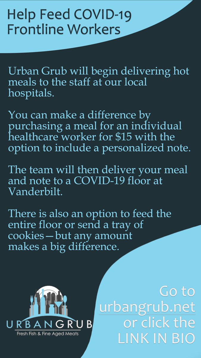 We can't wait to serve the Nashville doctors and nurses who are on the front lines. We already have deliveries set up to feed Vanderbilt, Nashville General Hospital and St. Thomas Midtown! We hope to expand even further!
#nashvillestrong