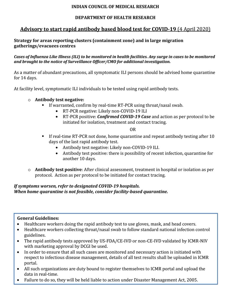 Today, ICMR has included rapid antibody testing guidelines on its website which is a welcome step. More and more such kits should be made rapidly available to speed up the testing procedure. Link to site  https://www.icmr.nic.in/content/covid-19Cc.  @ARanganathan72