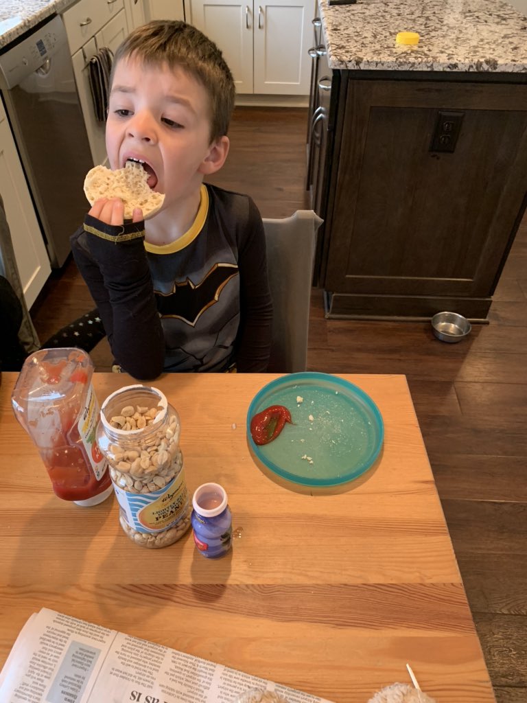 Smoothie, peanuts and untoasted English muffin with ketchup is an acceptable social distancing breakfast, yes?  #parenting