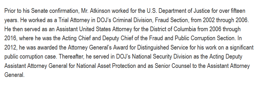I find the timing interesting because it followed the FISC response to OIG memo that found 29 out of 29 FISA apps didn't follow the Woods Procedures for accuracy.What was Atkinson's job before ICIG? Senior Counsel to the Asst. AG for National Security.  http://www.dni.gov 