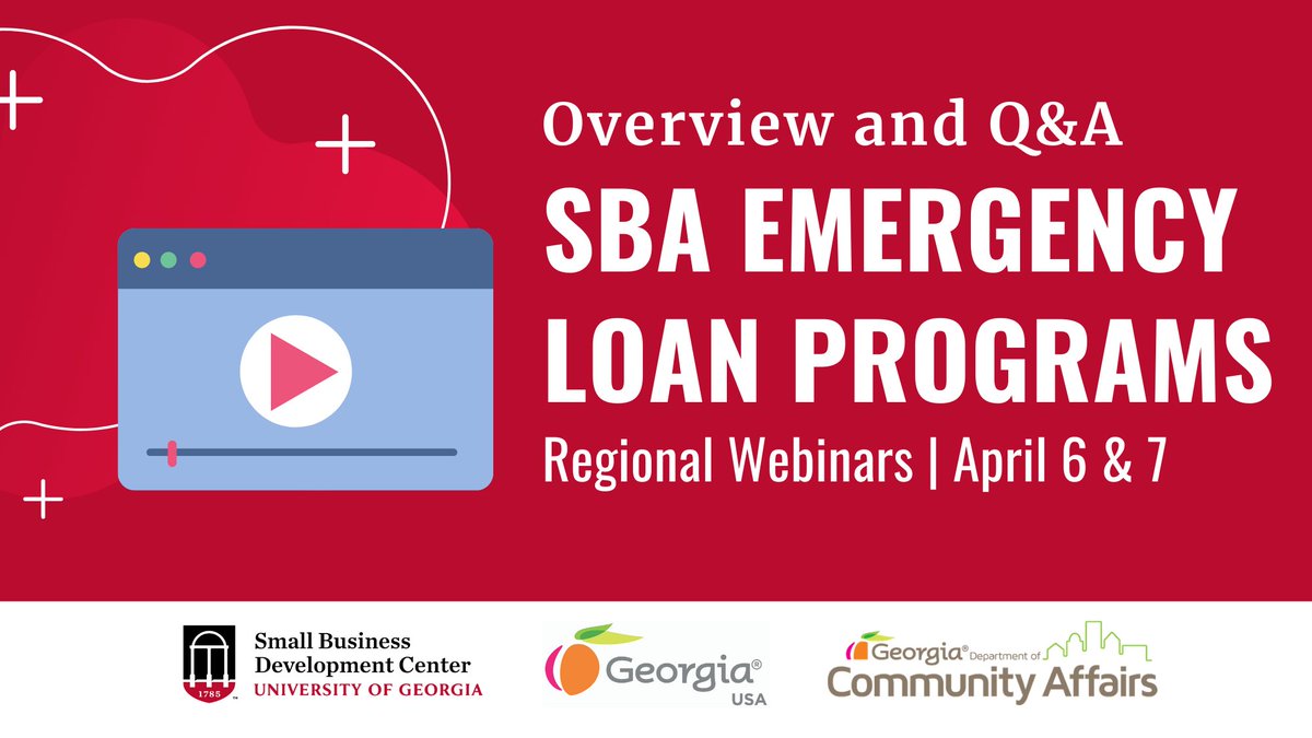 .<a href="/ugasbdc/">UGA Small Business Development Center</a> is hosting a set of webinars on Mon. April 6 and Tue. April 7 to help answer questions, provide support and discuss the resources available for Georgia's small businesses owners with the help of <a href="/gdecd/">Georgia, USA</a> &amp; <a href="/GA_DCA/">Georgia DCA</a>.

More info/Webinar schedule ➡️ georgiasbdc.org/georgia-small-…