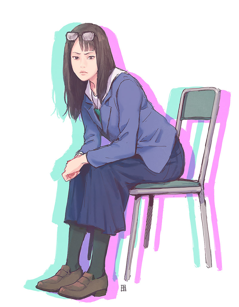 1girl solo sitting eyewear on head skirt blue skirt chair  illustration images