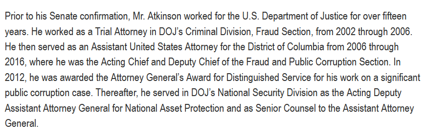 Atkinson was also previously the Deputy Chief & Acting Chief of the US Attorney for DC's Public Corruption unit. The one that should have been draining the Swamp.