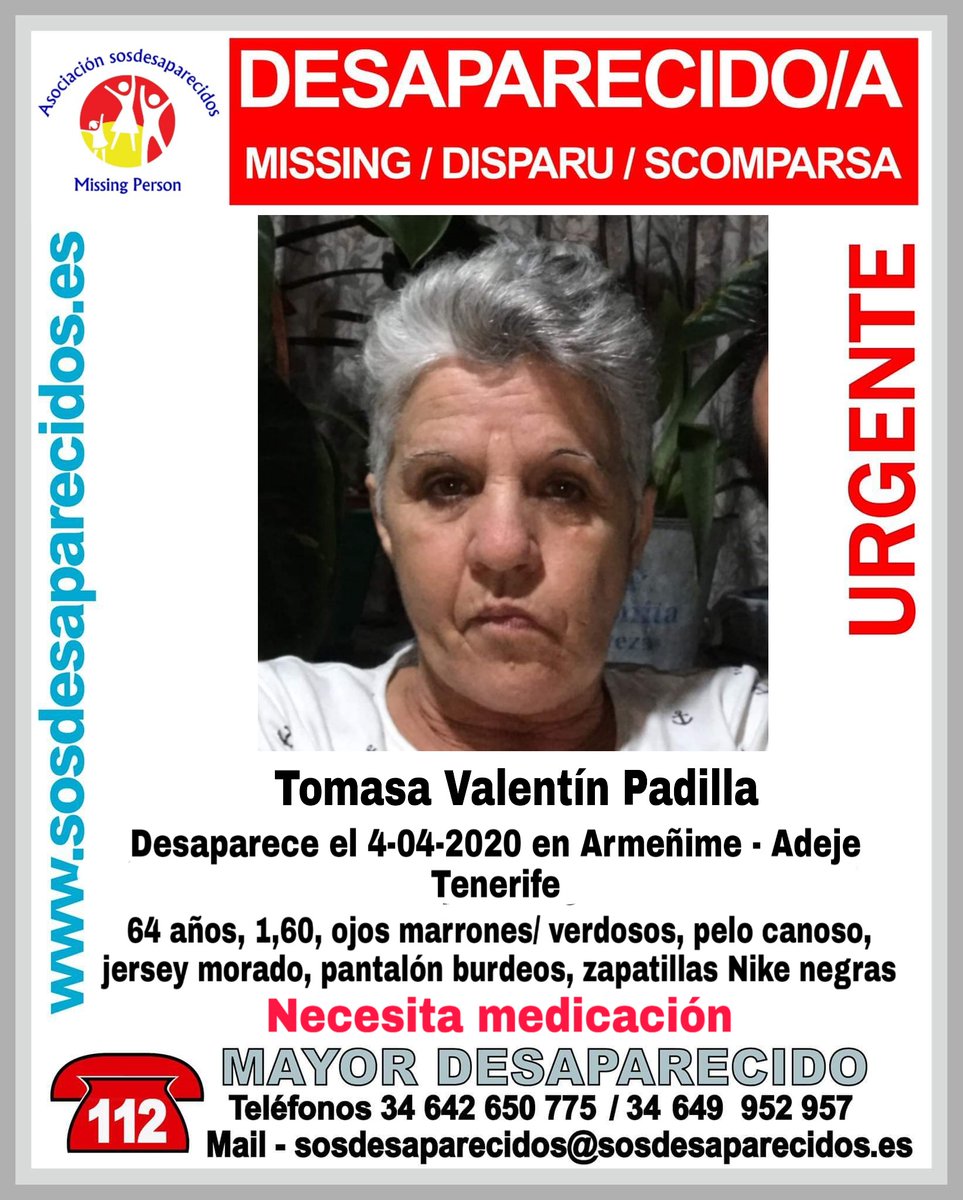 🆘MuyUrgente⚠️
Tomasa necesita medicación y ha #desaparecido en Adeje #Tenerife
Ayúdanos, si la ves llama:
📞062
📞091
📞112
Tu RT no cuesta nada y puede ayudar mucho