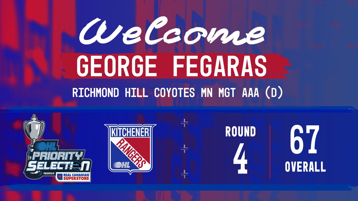 OHLRangers's tweet photo. With the 67th overall pick in the 2020 #OHL Priority Selection, presented by @RealCdnSS, we are pleased to select D George Fegaras from the Richmond Hill Coyotes.

Welcome to #RTown!

#OHLDraft | #Kitchener https://t.co/AJIvyisiF1