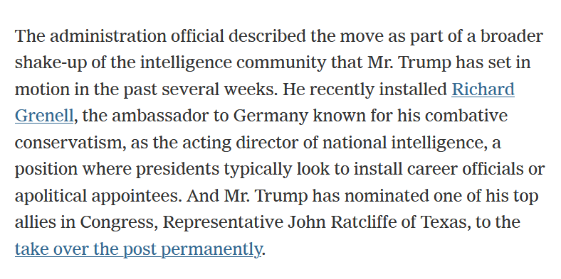 The dismissal of ICIG Atkinson is part of a broader shake up of the Intel Community being lead by Acting DNI Richard Grenell. Another example of President Trump using an Acting leader of an agency to play bad cop & clean house until making a permanent appointment!