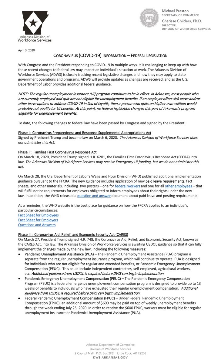 With Congress &amp; the President responding to COVID-19 in multiple ways, it is challenging to keep up with how these changes may impact an individual’s work situation. We are closely tracking these changes &amp; how they may apply to state government operations &amp; programs.
#COVID19Ark